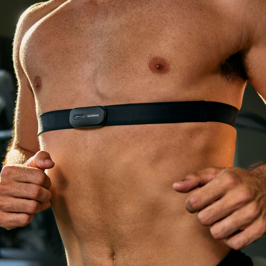 En man med ett pulsband runt bröstet